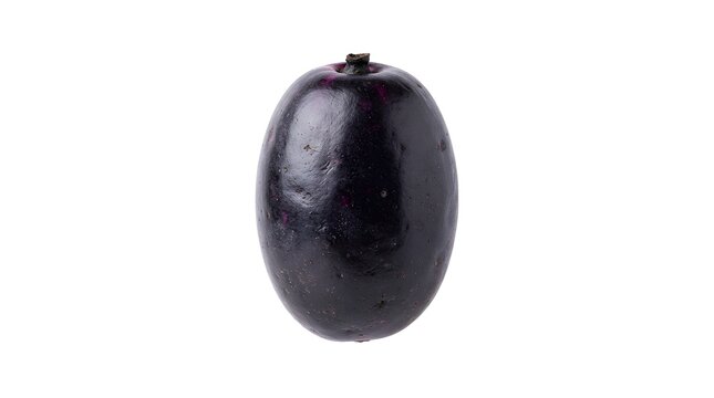 Single fresh ripe Jamun fruit isolated on white background, Syzygium cumini, Java plum, black plum, healthy tropical fruit, high resolution macro