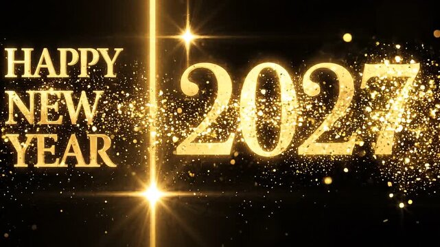 Happy new year 2027 gold text with sparkling particles and light flare background
