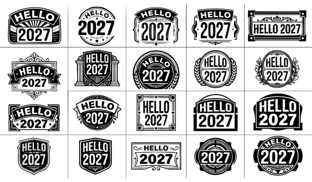 Hello 2027 new year typography badge collection in vintage black and white vector style