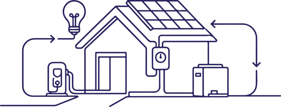 Smart Home with Solar Panels Energy Meter Light Bulb and EV Charging Station Line Icon Illustration