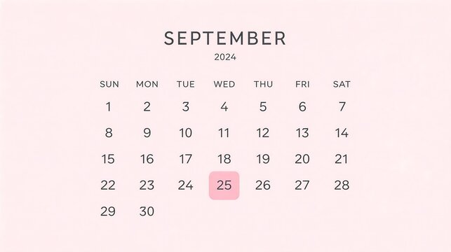 Minimalist monthly desk calendar page for September twenty twenty four featuring soft pastel pink tones