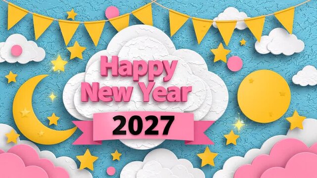 Happy new year 2027 greeting card animation with paper cutout clouds, stars, and moon