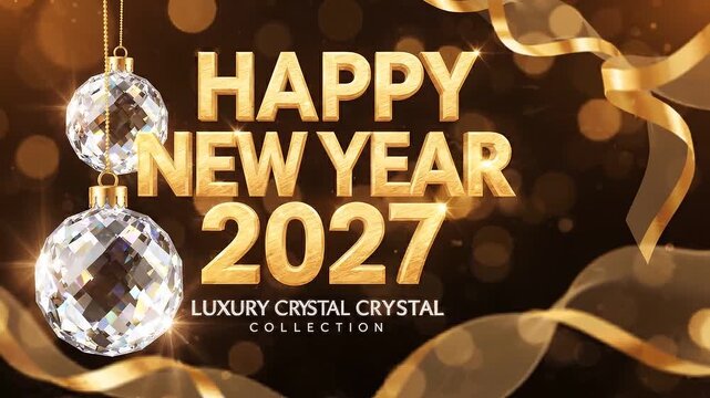 Happy new year 2027 gold typography with sparkling crystal ornaments and bokeh background