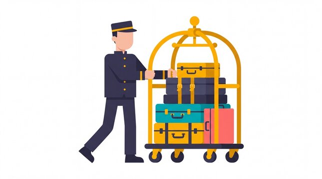 Bellhop pushing luggage cart for transport and travel vektor