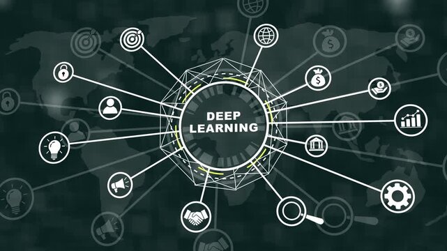 Advanced deep learning neural network infographic concept featuring interconnected digital data nodes, global business analytics, artificial intelligence technology, and modern cyber security
