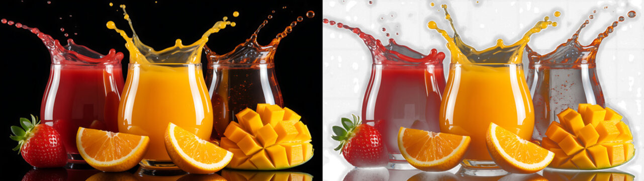 Fresh fruit juices with splashes in glasses, featuring strawberry, orange, and mango, presented in a splitscreen composition with black and transparent backgrounds