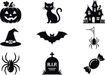Fototapeta premium Set of black silhouette icons for halloween celebration featuring spooky characters and traditional festive items