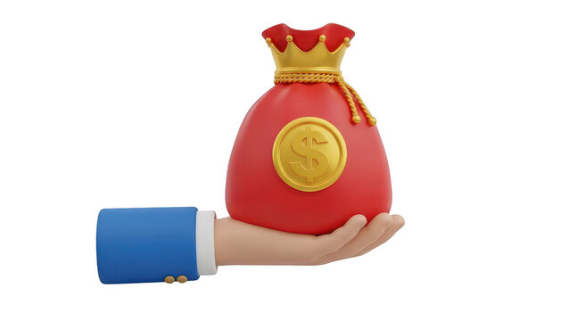 Cartoon hand holding red velvet money bag with golden dollar sign and crown illustration