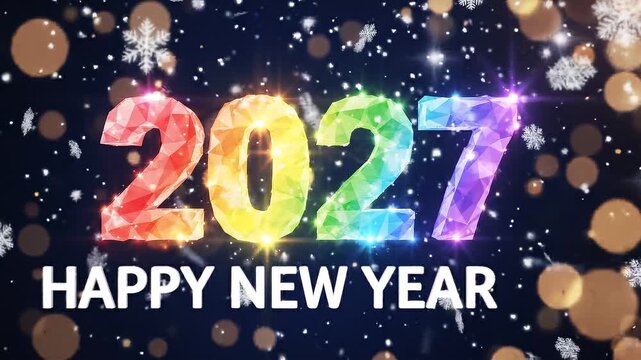 Happy new year 2027 greeting with colorful low poly numbers and falling snowflakes background