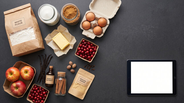 Baking ingredients with apples cranberries and spices beside blank tablet for food marketing
