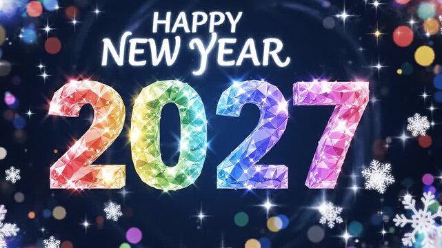 Happy new year 2027 greeting with sparkling diamond numbers and festive winter snowflakes