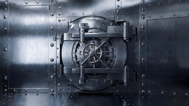 Heavy metal bank vault door with complex locking mechanisms and steel rivets in bright lighting