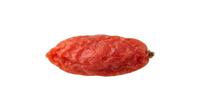 Single Dried Goji Berry Isolated on White Background, High Quality Macro Studio Shot of Red Superfood Fruit for Healthy Diet and Nutrition