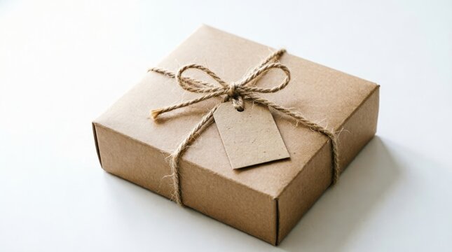 Kraft Paper Gift Box With Jute String Bow And Blank Tag On White Background For Packaging Design