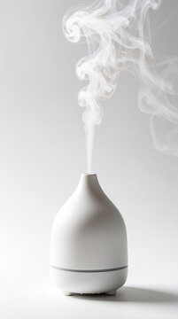 White ceramic aroma diffuser emits thick steam vapor. Modern electronic essential oil nebulizer works in home spa wellness center. Fragrance mist rises from device on plain background for