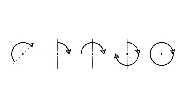 Rotation arrow icon set with angle degree measurement, quarter circle, half circle, and full circle rotate symbols for design