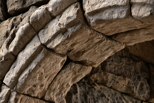 Ancient stone arch masonry close up, rough textured sandstone blocks with visible joints