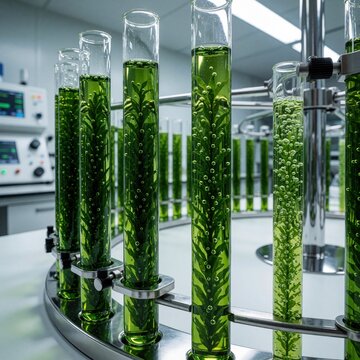Close up of green algae in glass test tubes on laboratory bench. Biologist conducts scientific research on microalgae cultivation. Bubbles rise through liquid in tubes during experiment. Biotech lab