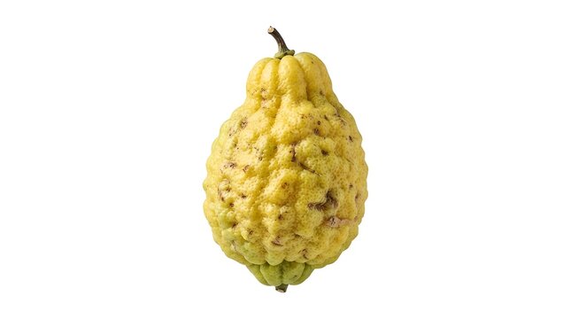 Single Etrog Citron Fruit Isolated on White Background, Traditional Jewish Sukkot Ritual Symbol, Textured Yellow Citrus Fruit Close-up Studio