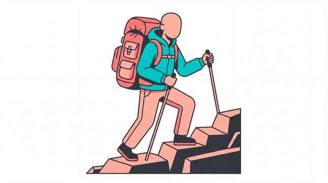 Transport travel vektor hiker climbing stairs with heavy backpack