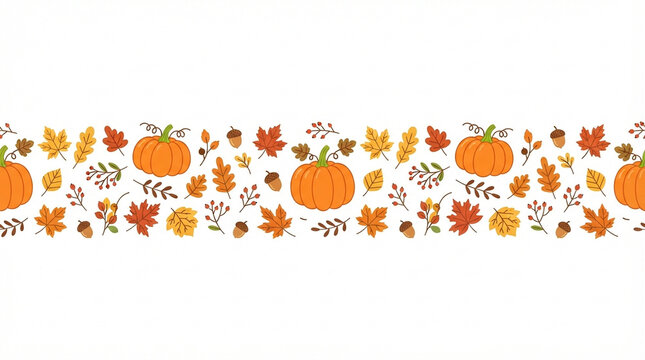 Autumn harvest pumpkins and colorful fall leaves scattered across a clean white background