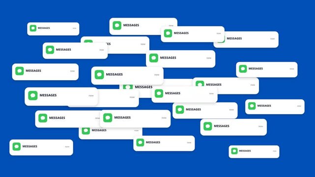 Message Notification Banners Popping Up Rapidly on Blue Screen Background for Smartphone Communication and Social Media Video Overlay