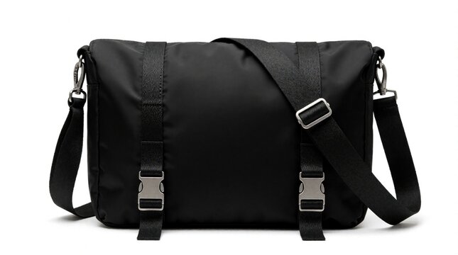 Black messenger bag with adjustable straps on white background. Utility shoulder bag for travel, daily commute. Minimalist design with metal buckles, nylon fabric. Casual accessory for men, women.