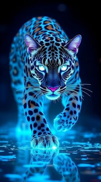 Futuristic neon blue leopard walking in dark night background
