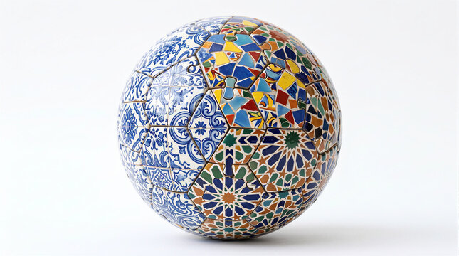 Soccer ball covered in traditional Portuguese blue tiles, Spanish mosaic, and Moroccan zellige patterns. Visual metaphor for 2030 international football tournament, culture, and sports union.