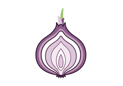 Half of a fresh red onion showing concentric rings and sprout