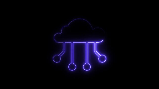 Purple Neon Cloud Computing Icon on Black Background
