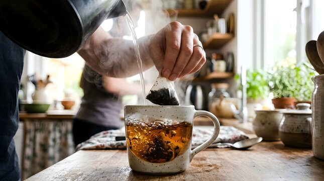 Person pouring hot water from kettle into ceramic cup with tea bag