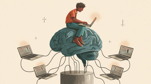 Programmer Sitting on Giant Brain Connected to Laptop, Surreal Technology and Coding Concept