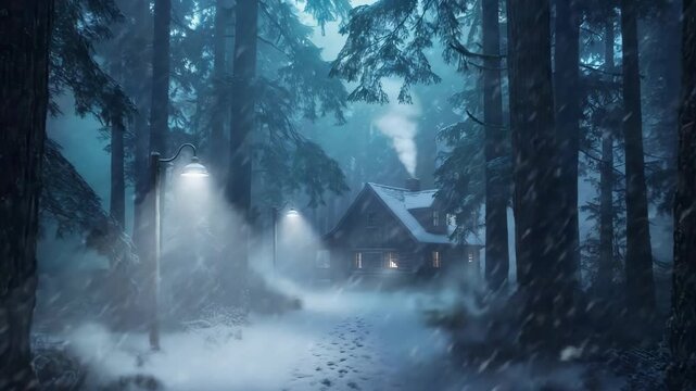 Mystical Cabin in a Snowy Forest: A secluded cabin nestled deep within a dense, snow-covered forest, illuminated by the soft glow of streetlights and the warm light emanating from its windows.