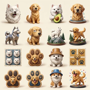 Set of cute cartoon dog figurines and icons on a neutral background