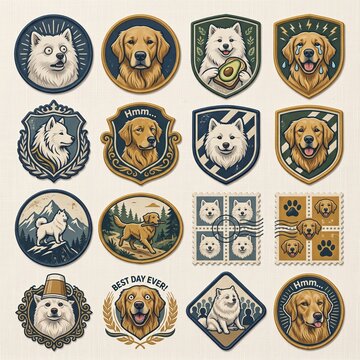 Set of vintage dog patches featuring golden retriever and white spitz dogs