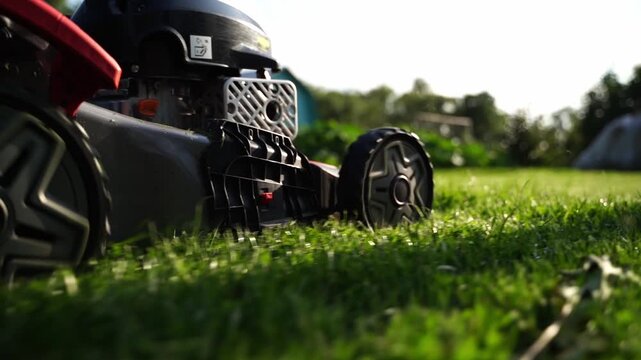 Lawn mower cuts grass in slow motion. Green blades cut through vibrant grass. Sunlight casts soft shadows on the lawn. Person operates machine with focused calm. Ideal for garden, landscaping