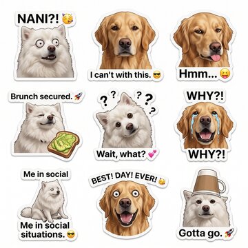 Set of funny dog stickers with expressive faces and humorous text captions