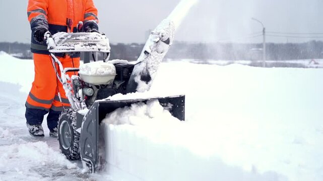 Worker clears snow with a snowblower. Snow flies high as machine grinds forward. Worker wears bright orange safety gear. Cold, gray sky frames the winter scene