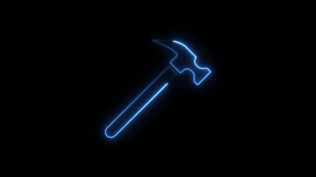 Blue neon hammer icon on black background tool construction
