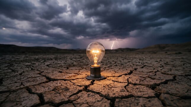 Glowing light bulb on cracked dry desert ground, dramatic stormy dark sky with lightning strike, conceptual energy solution and bright idea metaphor