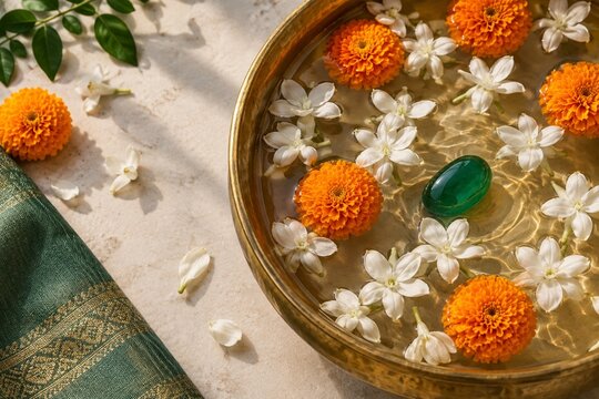 Brass bowl with floating marigold and jasmine flowers