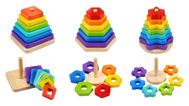 Colorful wooden stacking shape toys set with multiple geometric pieces on peg stackers for toddlers, including squares, hexagons, stars and flower-like shapes for learning and play