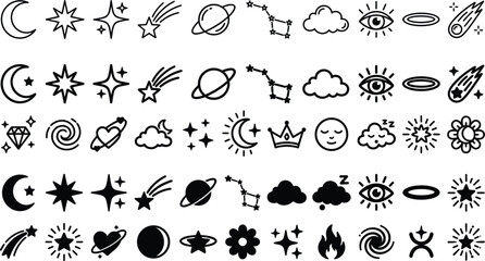 Obraz premium Dreamy Black Celestial Doodle Icon Collection with Moons, Stars, Sparkles, Cosmic Hearts, Orbit Symbols and Magical Emotion Elements Crafted in Three Distinct Modern Vector Styles