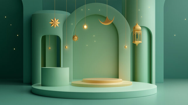 Ramadan Kareem Green Islamic Background with Gold Moon Star Lanterns and Podium
