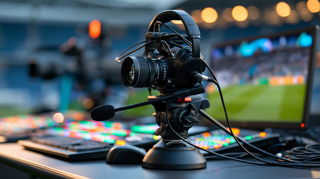 Live broadcast production setup inside a stadium with professional cameras, monitors, communication equipment and technical crew, sports and entertainment broadcasting, media