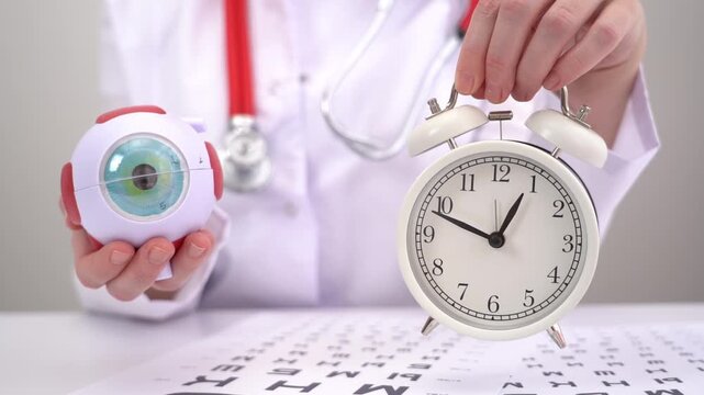 Doctor holds eye model and clock. Hand adjusts clock showing time passing. Eye chart lies beneath the hands. Medical professional signals eye health urgency. Time management matters for vision care