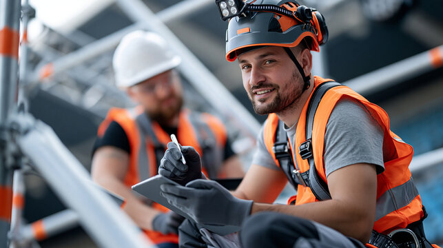 Rigging technicians assembling temporary scaffolding and lighting trusses inside a large stadium before an entertainment event, construction teamwork, stage production, safety
