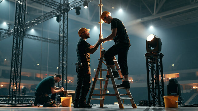 Rigging technicians assembling temporary scaffolding and lighting trusses inside a large stadium before an entertainment event, construction teamwork, stage production, safety