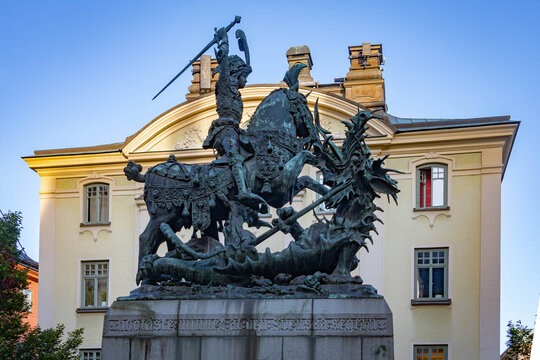 Sweden Stocholm September 24 2026 - bronze replica of Saint George and the Dragon located at K&ouml;pmantorget in the Gamla stan district of Stockholm.